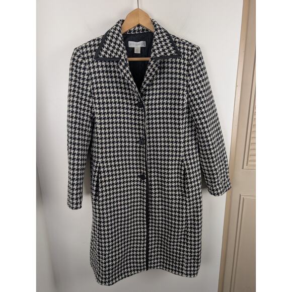 Petite Sophisticate Size 4 Houndstooth Wool Blend Coat Black White Overcoat 38" - Picture 1 of 8